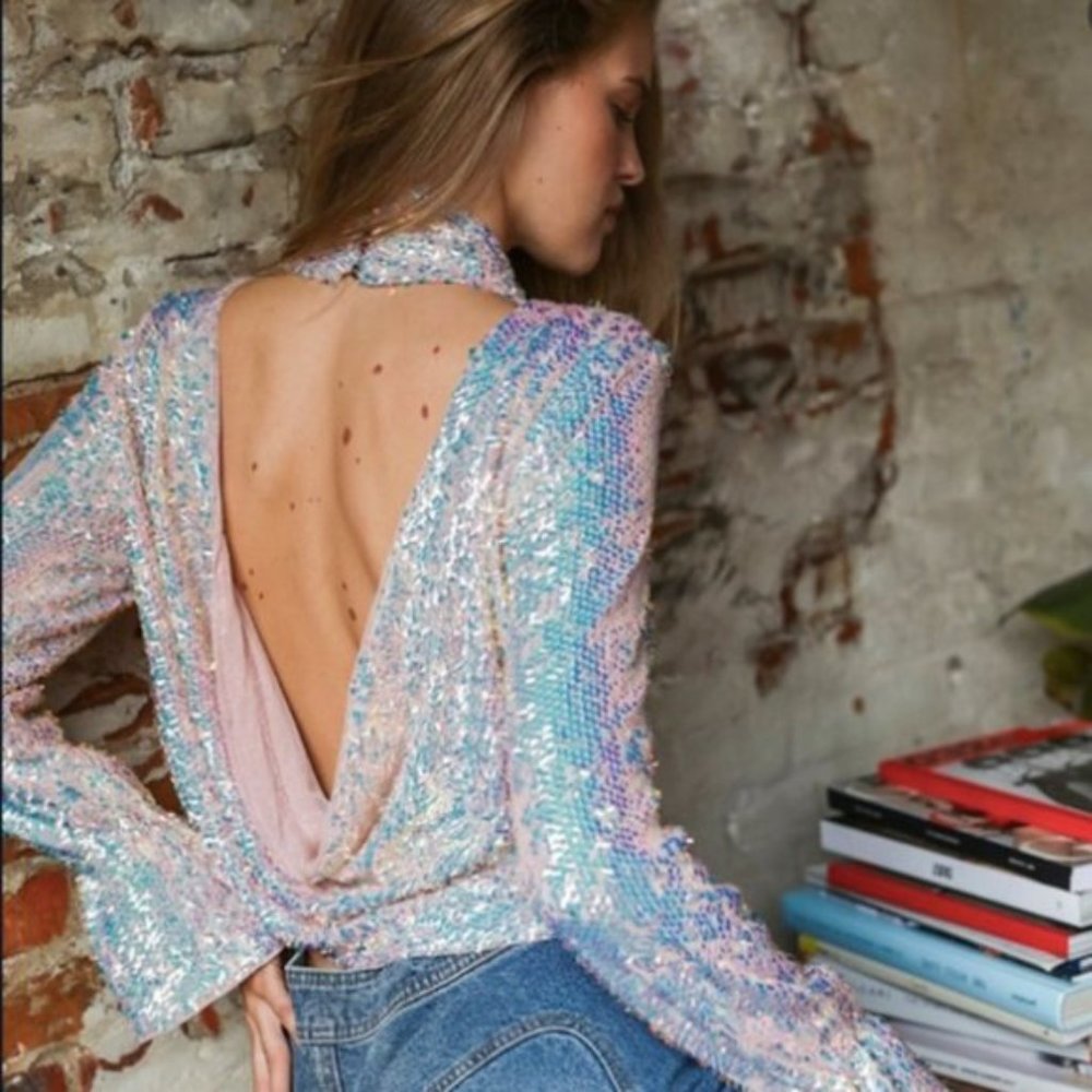 Free People Moonstruck Sequined Open Back Top NEW